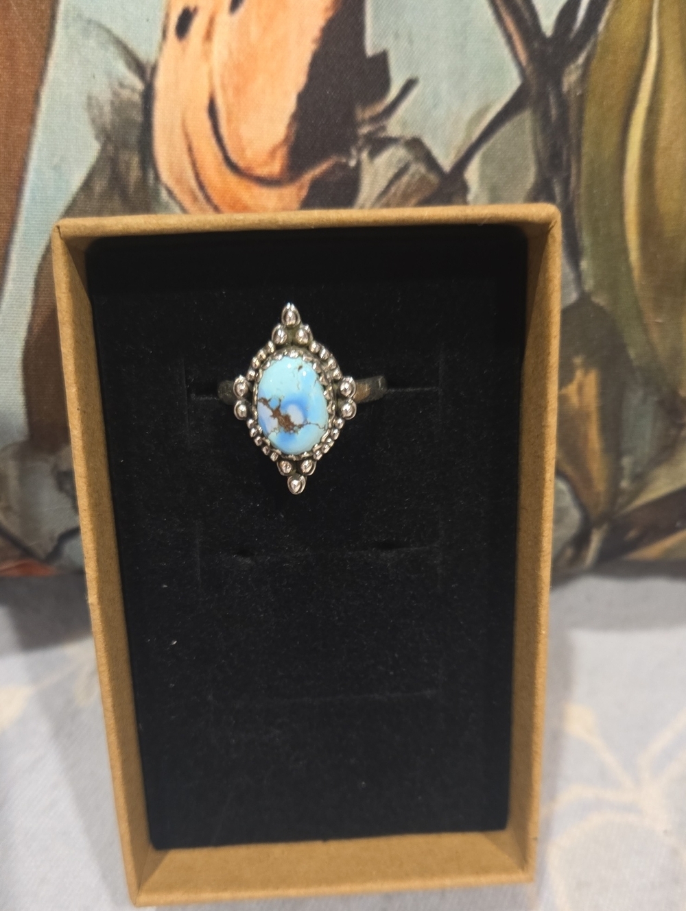 Sterling Silver(stamped) Turquoise Oval Ring with Beaded Accents - Blue Size 8